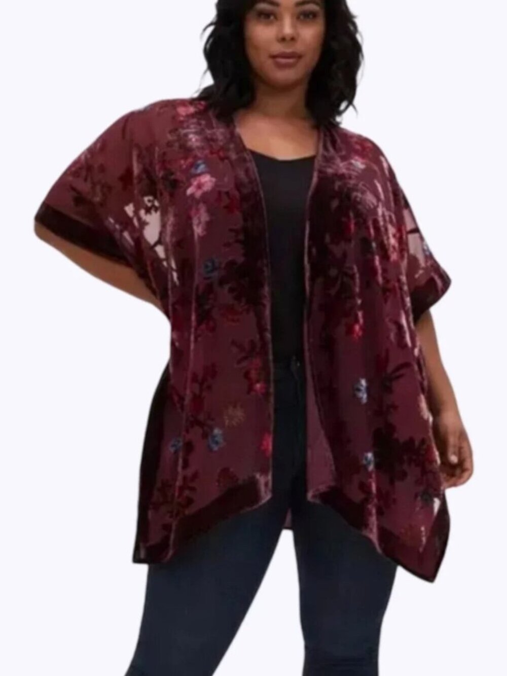 Torrid Floral Velvet Burnout Trim Kimono Jacket Plum & Red Tones